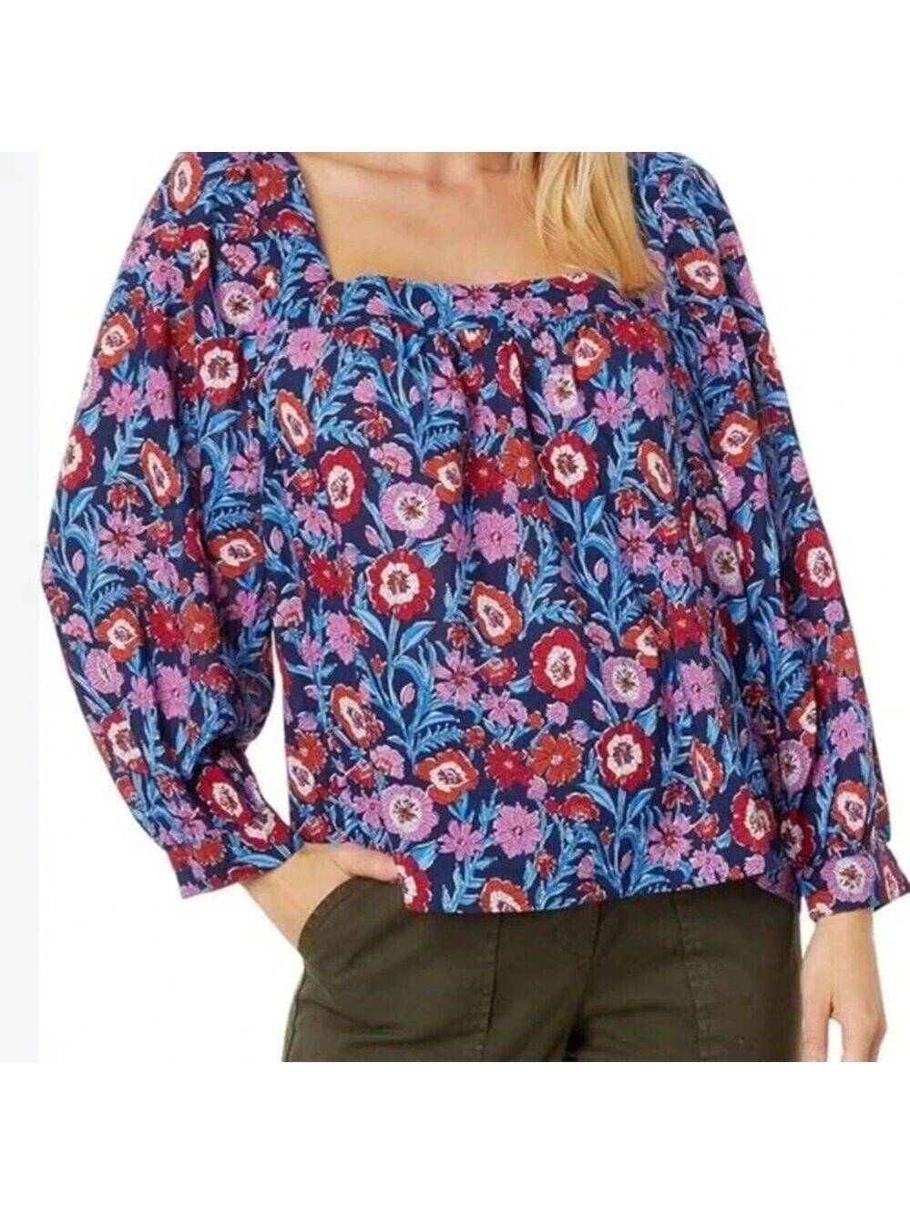Vineyard Vines Womens Sz Small Tisbury Floral Square Neck Top Cotton Modal